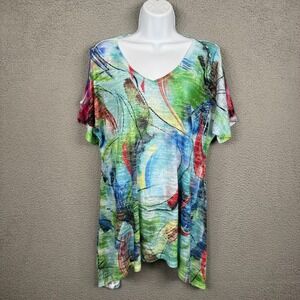 Jess & Jane Top‎ Womens XL Blue Cold Shoulder Abstract Artsy Art To Wear Sequins